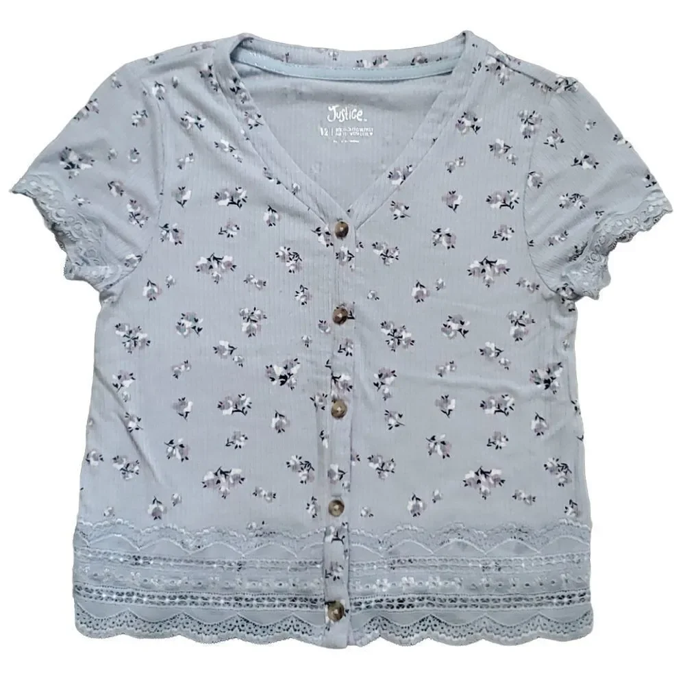 Justice Girls Size 12 Light Blue Lace Edged Button Down Floral Top